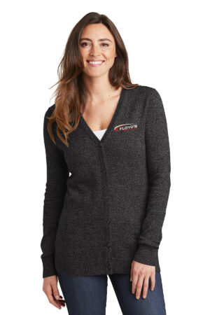 16. Floyd’s Truck Center Company Manager Store Port Authority Ladies Marled Cardigan Sweater-Black Marl