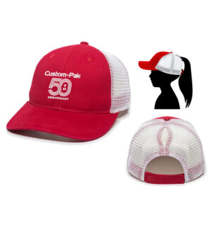 Custom Pak 50 Anniversary Employee Ladies Ponytail Mesh Back Cap-Red/White