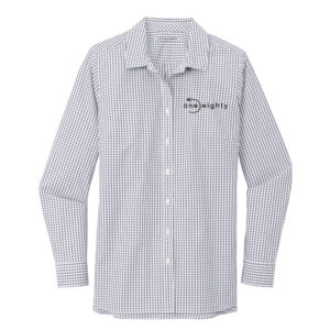 One Eighty Ladies Broadcloth Gingham Easy Care Shirt-Gusty Grey/White