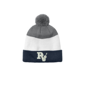 PV Orchestra Port Authority Cozy Striped Pom Beanie-River Blue Navy/Marshmallow/ Gusty Grey