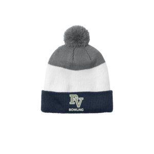 PV Spartan Bowling Port Authority Cozy Striped Pom Beanie-River Blue Navy/Marshmallow/Gusty Grey