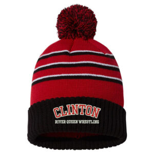 01.River Queen Wrestling Richardson Striped Beanie with Cuff and Pom-Red/Black/White