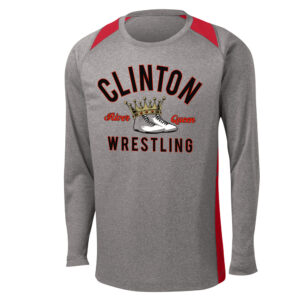 25.River Queen Wrestling Sport Tek Heather color block Long Sleeve  performance T Men-Heather Grey/Red