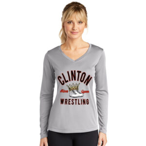 26.River Queen Wrestling Sport Tek Ladies Long Sleeve V-Neck Competitor Tee-Silver