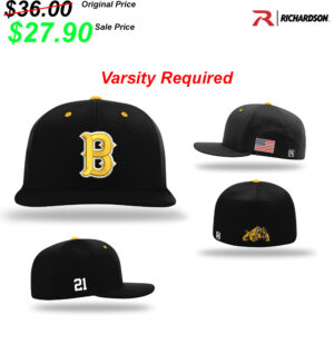 .05 Bettendorf Baseball Club Richardson Custom Lite R-Flex Cap- Black Crown, Black Bill, Gold eyelettes and Gold Button – size X