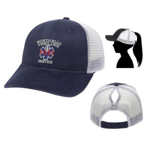 Monticello EMS Ladies Fit With Ponytail Mesh Back Hat-Navy/White