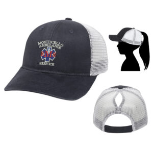 Monticello EMS Ladies Fit With Ponytail Mesh Back Hat-Black/White