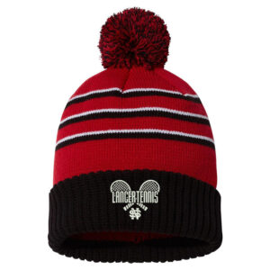 NS Girls Tennis Richardson Striped Beanie with Cuff and Pom-Red/Black/White