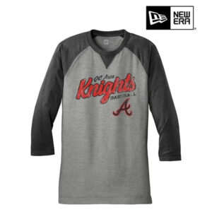 QC Area Knights Distressed Print New Era Sueded Cotton Blend 3/4-Sleeve Baseball Raglan Tee-Grey/Black (S, M)