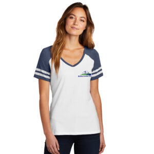 Skyline Employee District Made ladies Game V-Neck Tee-White/Heathered True Navy