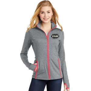 Xylem Sport-Tek Ladies Sport-Wick Stretch Contrast Full-Zip Jacket-Charcoal Grey Heather/ Hot Coral