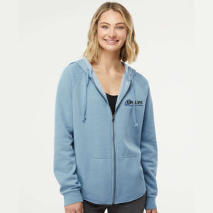 Evolve Women’s California Wave Wash Full-Zip Hooded Sweatshirt-Misty Blue