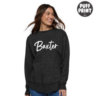 Baxter Bolts Cheer LAT Women’s Weekend Fleece Crewneck Sweatshirt-Black Leopard PUFF PRINT