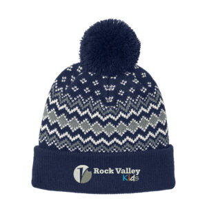RV Kids Port Authority Alpine Pom Beanie-Navy/ Gusty Grey/Marshmallow