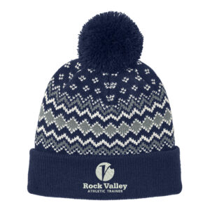 RV Athletic Trainer Port Authority Alpine Pom Beanie-Navy Gusty Grey/Marshmallow