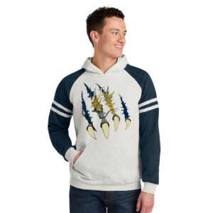 Cloud-Naga VB Jerzees Unisex NuBlend Varsity Colorblock Hooded Sweatshirt-Oatmeal Heather/Indigo Heather