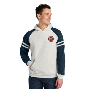 QC Monarchs BB Jerzees Unisex NuBlend Varsity Colorblock Hooded Sweatshirt-Oatmeal Heather/Indigo Heather