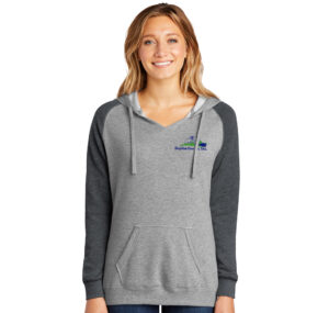 Skyline District ladies Lightweight Fleece Raglan Hoodie-Heather Grey/Heather Charcoal