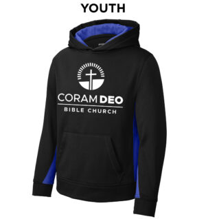 Coram Deo Sport-Tek Youth Sport-Wick Fleece Colorblock Hooded Pullover-Black/Royal