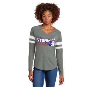 Storm Bowling Sport Tek Ladies Halftime Stripe Long Sleeve V-Neck Tee-White/Vintage Heather