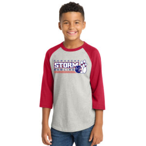 Storm Bowling Sport-Tek Youth Colorblock Raglan Jersey-Heather Grey/red