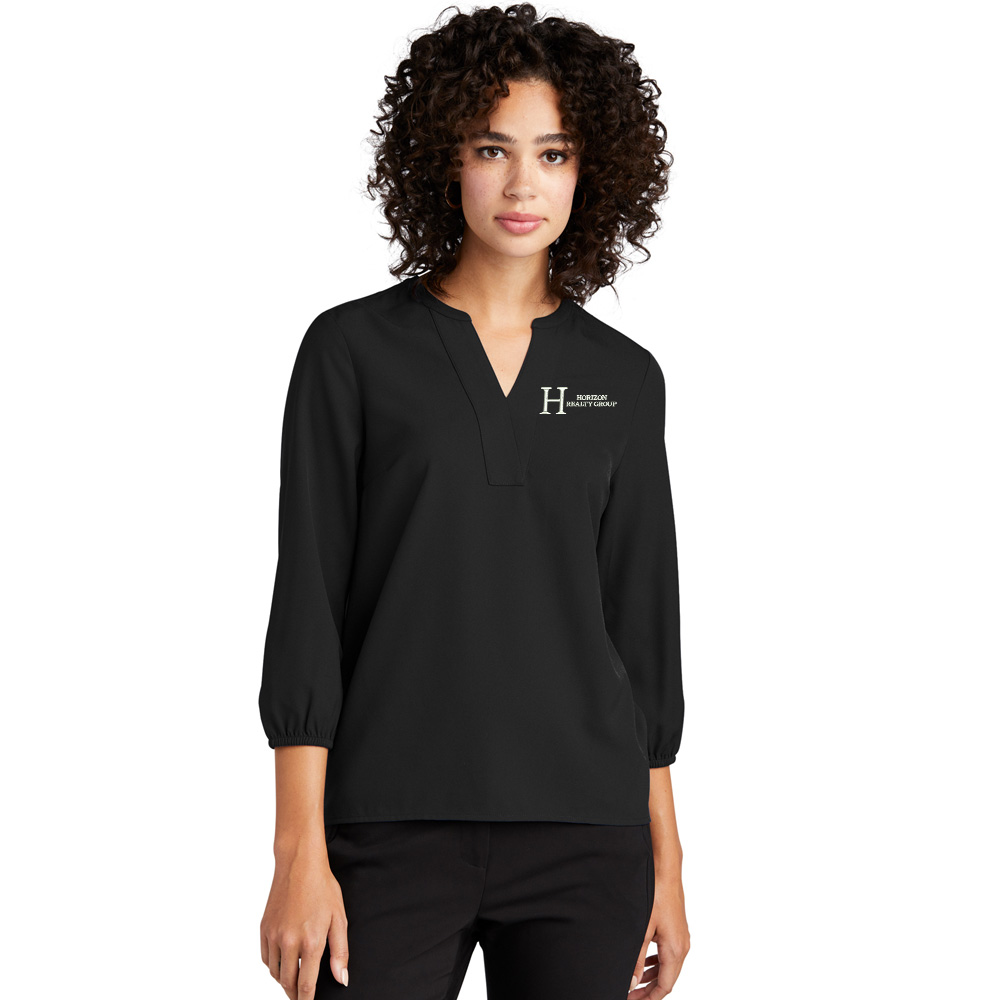 Horizon Realty Group Mercer and Mettle Women's Stretch Crepe 3/4-Sleeve Blouse-Black
