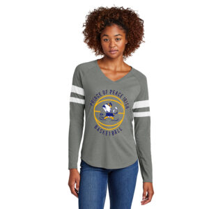 Prince of Peace Sport Tek Ladies Halftime Stripe Long Sleeve V-Neck Tee-White/Vintage Heather
