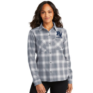 PV Orchestra Port Authority Ladies Plaid Flannel Shirt-Grey Cream Open Plaid