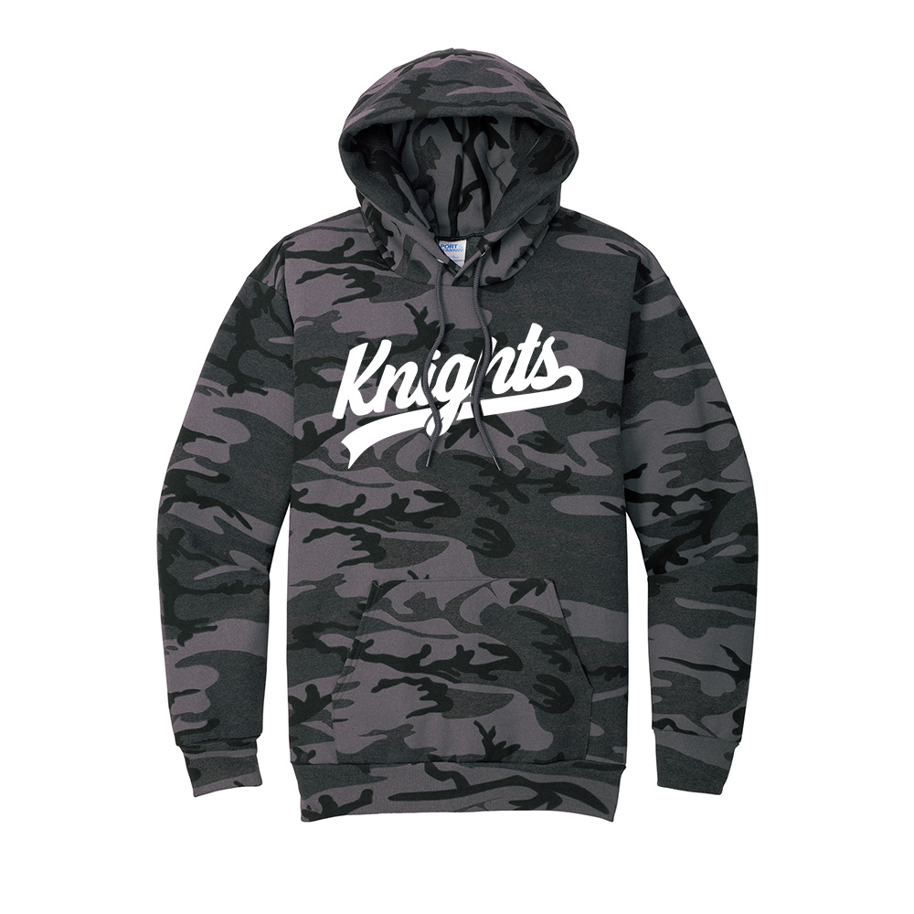 Knights Holiday Unisex Core Fleece Camo Pullover Hooded Sweatshirt-Black Heather Camo