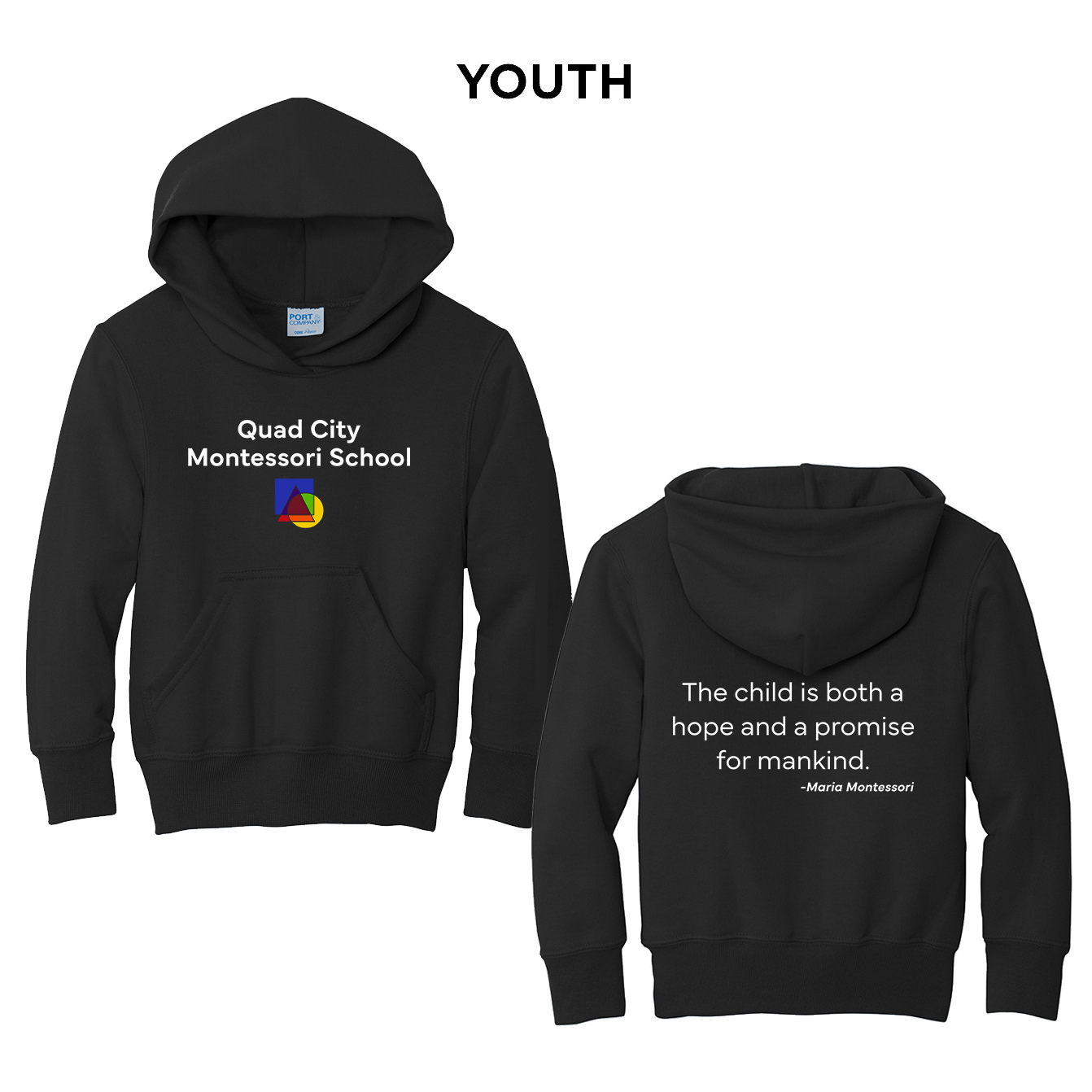 QC Montessori School Youth Fleece Hooded Sweatshirt-Black