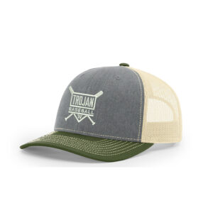 Trojan Baseball Club Richardson Pro Mesh Adjustable Trucker Cap Tri Color-Heather Grey/Birch/Army Olive