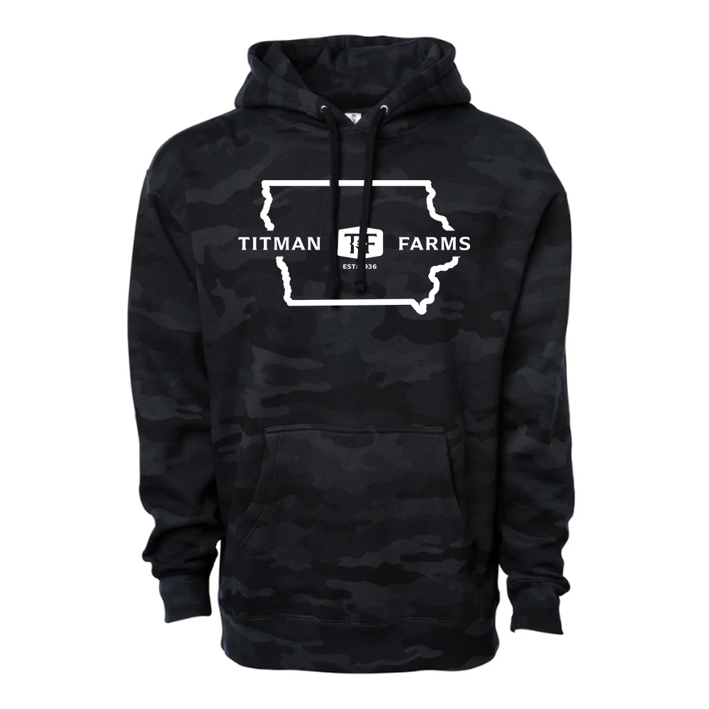 Titman Farms Independent Trading Co.Camo Pattern Hooded Pullover Sweatshirt Unisex-Black Camo