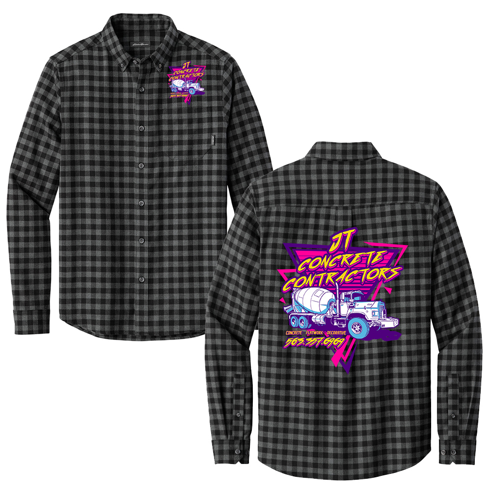 JT Concrete Contractors Eddie Bauer Long Sleeve Favorite Flannel Plaid Shirt-Deep Black Mini Buffalo