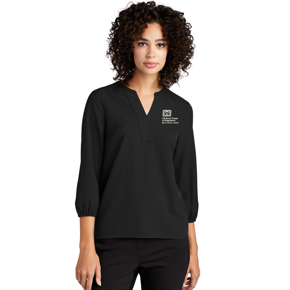 US Army Engineers New Orleans Mercer and Mettle Women's Stretch Crepe 3/4-Sleeve Blouse-Black