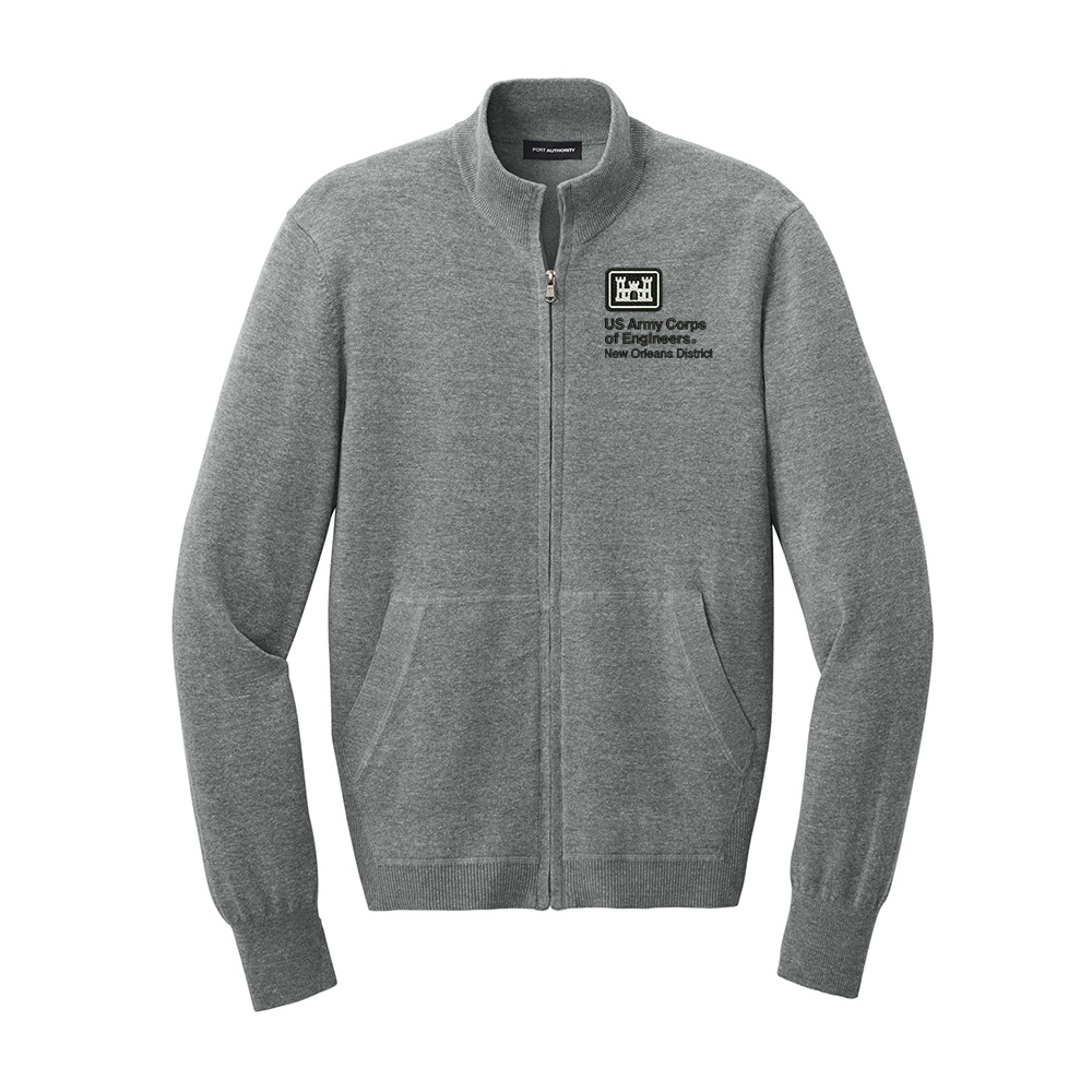 US Army Engineers New Orleans Port Authority Men Easy Care Full-Zip Sweater-Medium Heather Grey