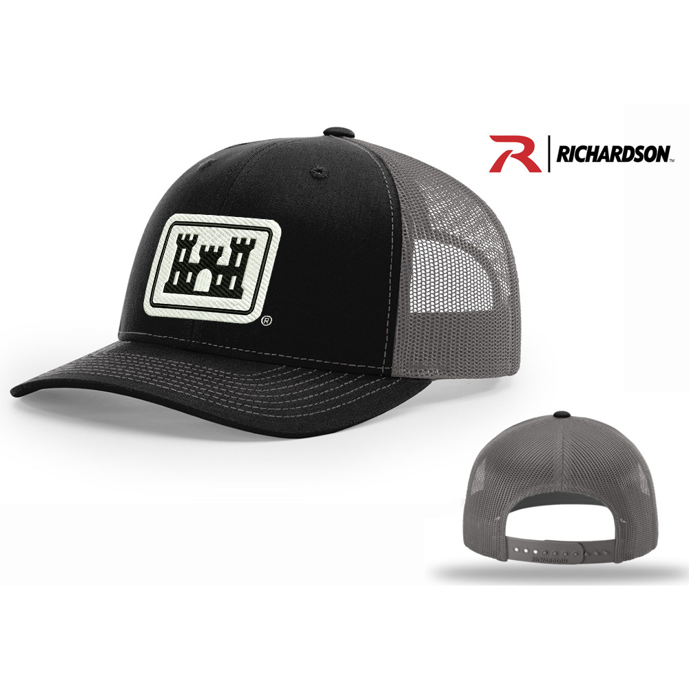 US Army Engineers New Orleans Richardson Pro Mesh Adjustable Trucker Cap Split-Black/Charcoal