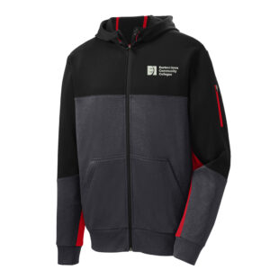 EICC Sport Tek Tech Fleece Colorblock Full Zip Hooded Jacket Men-Black/Graphite Heather/ True Red