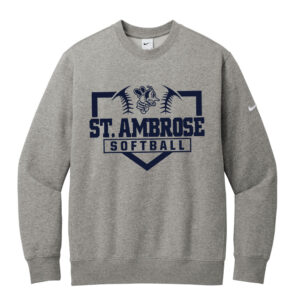 St Ambrose Softball Nike Club Fleece Sleeve Swoosh Crew Men-Dark Grey heather