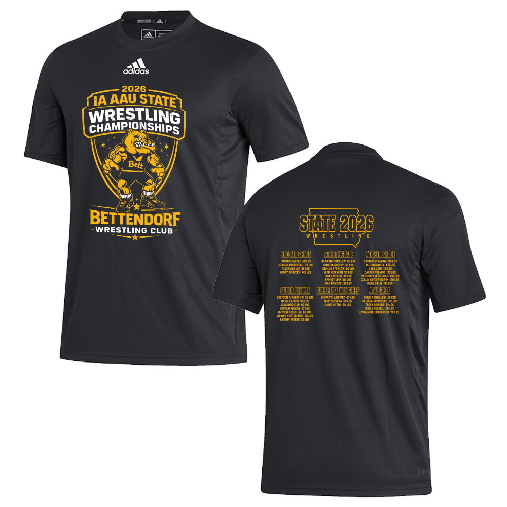 Bett AAU State Wrestling Adidas Men's Stadium Heat RDY Tee-BLACK (S, XL, 2x, 3x, 4x)
