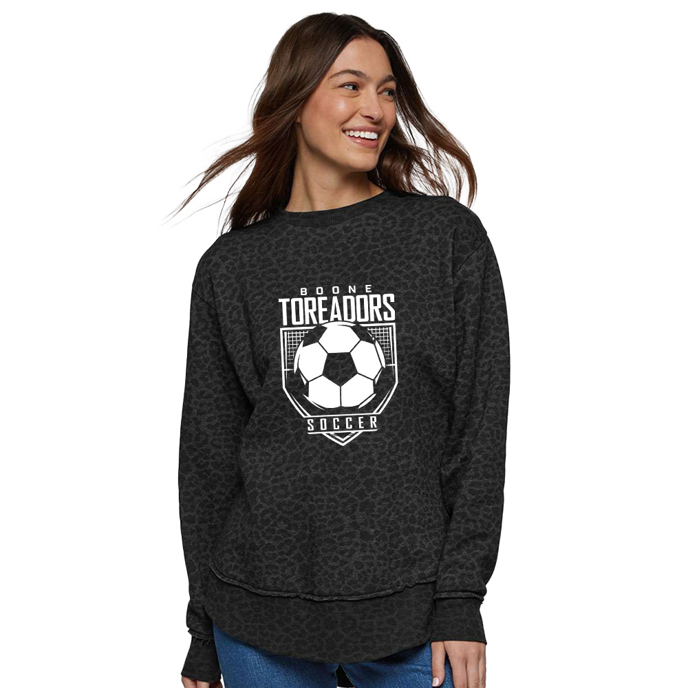 Boone Soccer LAT Women's Weekend Fleece Crewneck Sweatshirt-Black Leopard