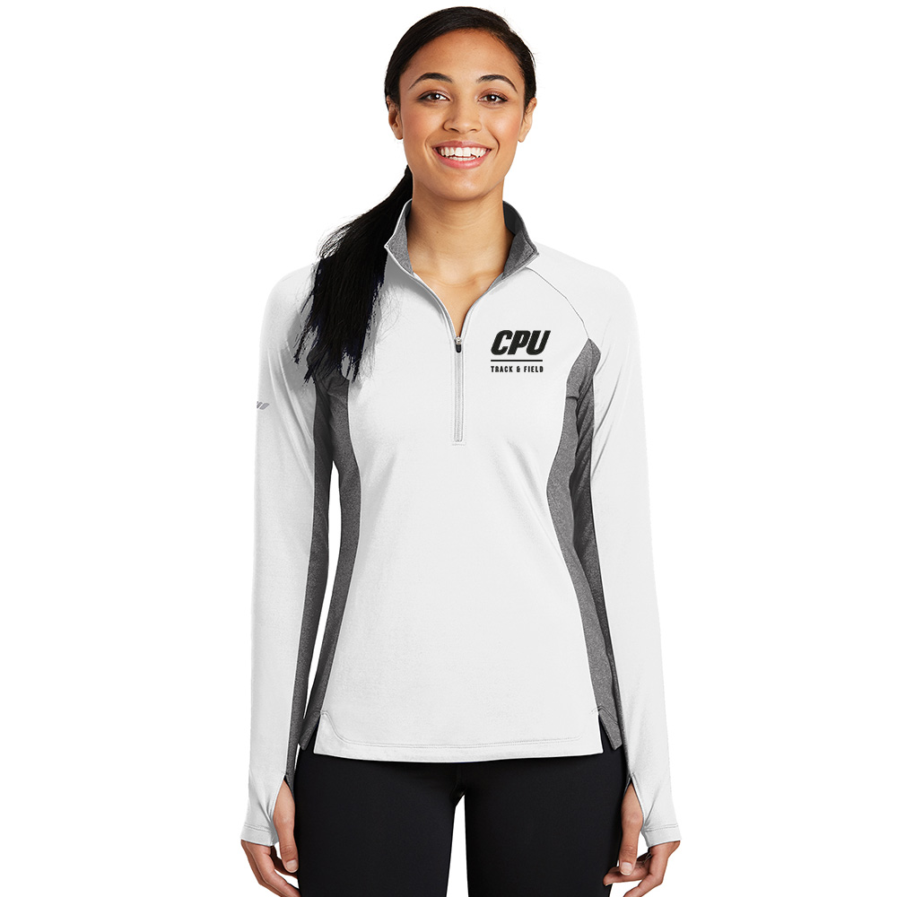 CPU Track Field Sport-Tek Sport LADIES wick stretch 1/4 zip pullover w/heather-White/Charcoal Grey Heather