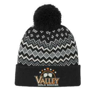 WDM Girls Soccer Port Authority Alpine Pom Beanie-Black/Gusty Grey/Marshmallow