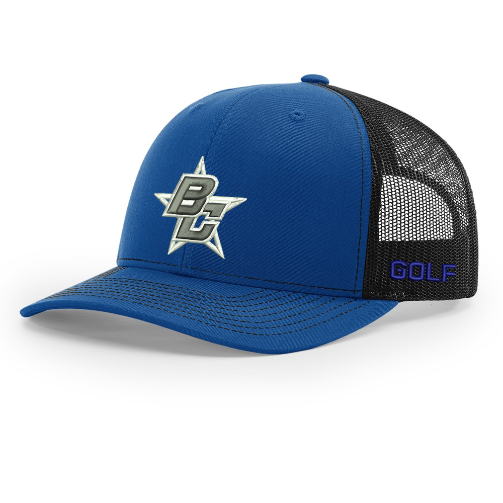 Bellevue Golf Richardson Pro Mesh Adjustable Trucker Cap Split-Royal/Black