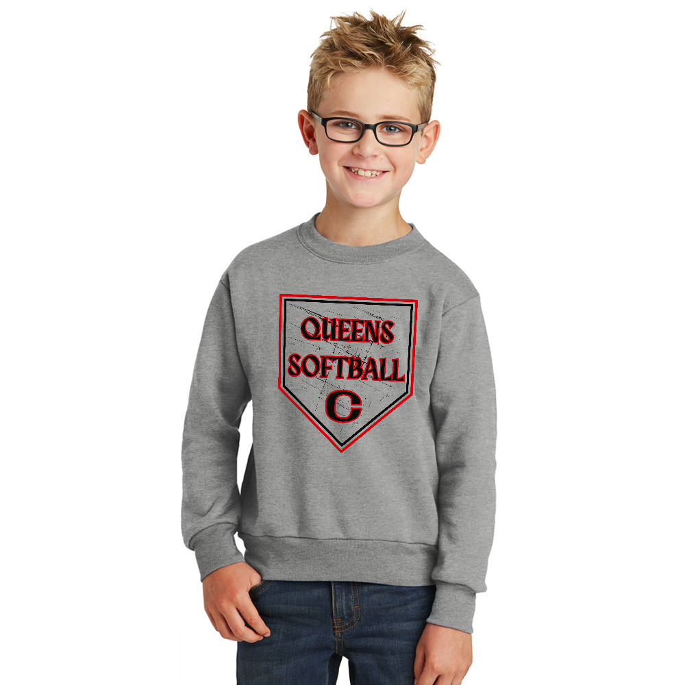 Queens Softball Youth Fleece Crewneck Sweatshirt-Athletic Heather