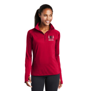 DM East Track Field Ladies Sport-Wick Stretch 1/2 Zip Pullover-Deep Red