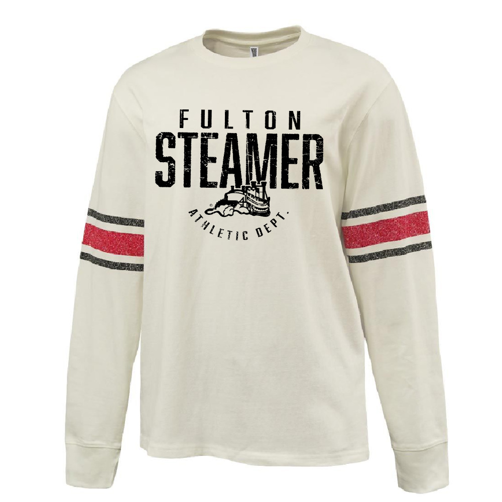 Steamers Pennant HEAVYWEIGHT 8.0 oz. antique white cotton jersey
archive-style printed sleeve stripe-Red/Bla