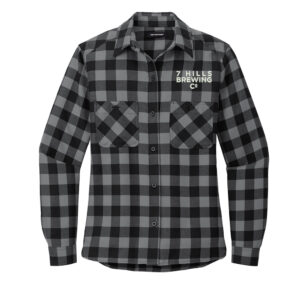7 Hills Brewing Port Authority Ladies Plaid Flannel Shirt-Grey Black Buffalo Check