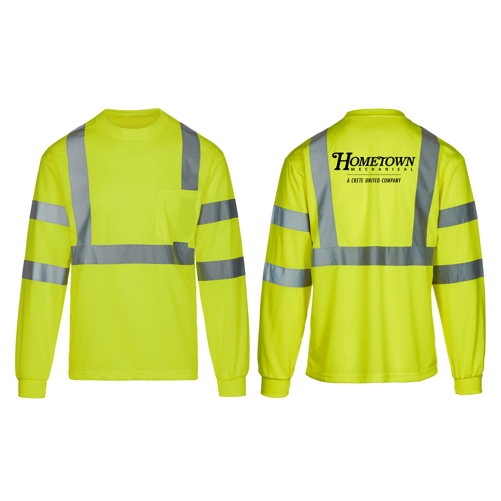 Hometown Class 3 Hi Vis Safety Green Long Sleeve moisture wicking T-shirt with pocket-Safety Green