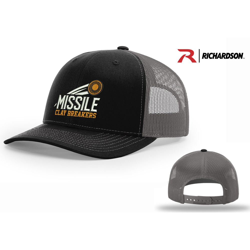 Missile Clay Breakers Trap Richardson Pro Mesh Adjustable Trucker Split Cap-Black/Charcoal