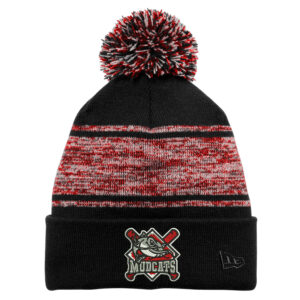 Mudcats BB New Era Knit Chilled Pom Beanie-Black Scarlet